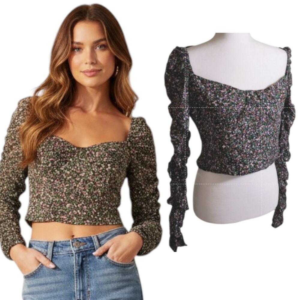 Astr the Label Boho Ditsy Floral Crop Top Wmn's Sz L Black Green Ruched Sleeve